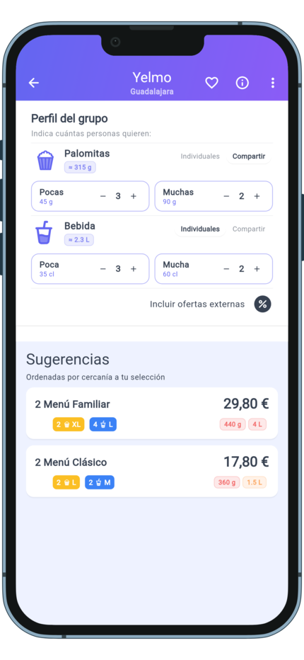 Pop4me app showing optimized cinema order suggestions